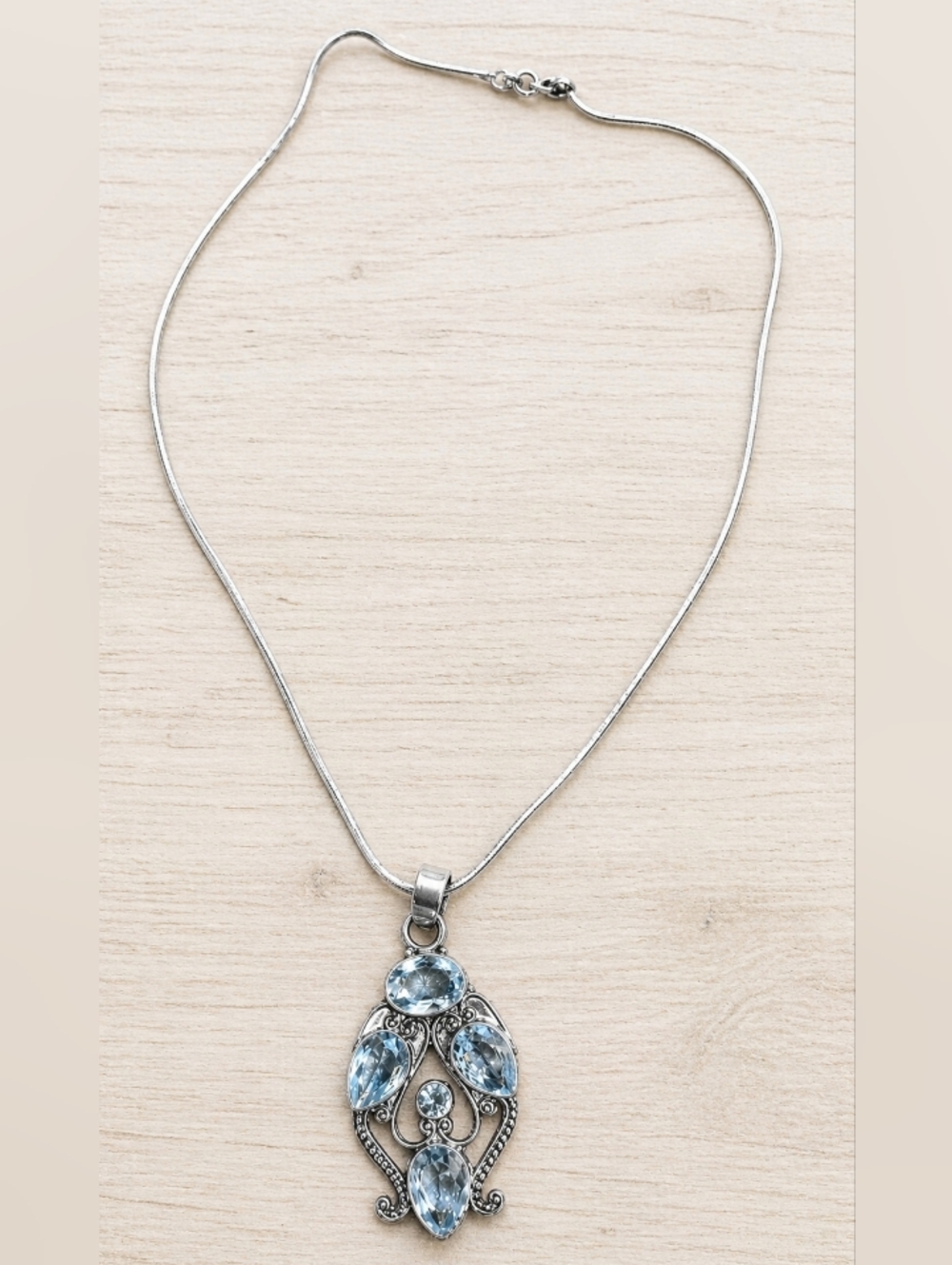 925 Silver Necklace with Light Blue Aquamarine Gemstone Pendant Antique.